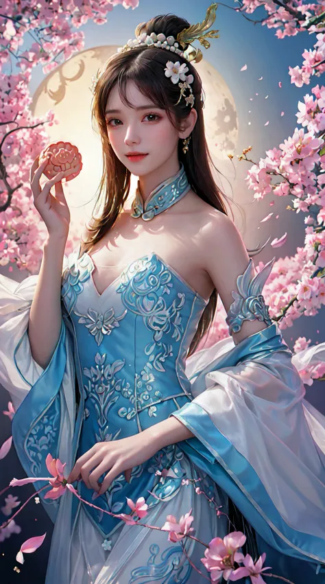 (a girl in a garden,moon palace,Change,mooncakes,rabbits),best quality,ultra-detailed,realistic:1.37,illustration,traditional Chinese painting,harmonious colors,soft lighting