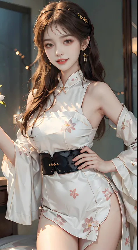 ((upper body)), ((Front Shooting)), ((realistic)), 1 Asian female model, A young girl, (Close up), (Being in the room, Sit Pose, Cross ed leg, Leaning against the dresser), Pleasing posture, Eye-catching poses, Detailed scenes, Coiled hair, Hairpins, Beaut...