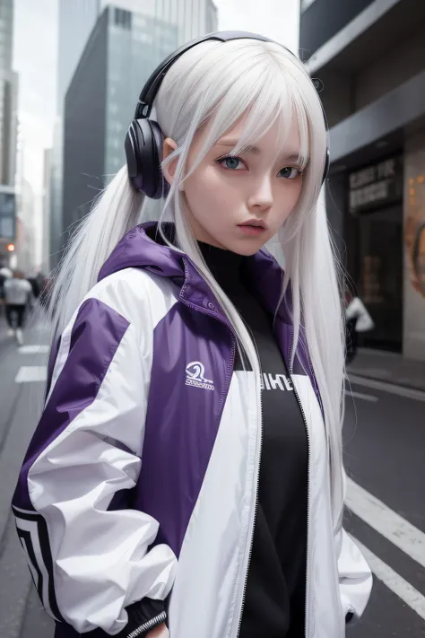 1girl in, White hair, Long hair, techwear  masterpiece, top-quality, Realistic, Realism, dark purple jacket, Portrait, Detailed eyes, wearing headset, Platinum Hair, 21 year old girl, Fashion poses, Half body, wide shoot, in a street, Cyberpunk