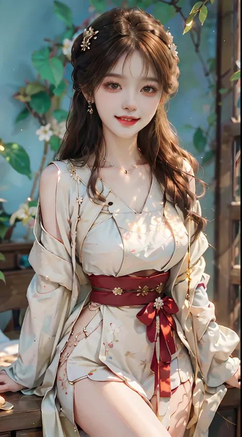 ((upper body)), ((Front Shooting)), ((realistic)), 1 Asian female model, A young girl, (Close up), (Being in the room, Sit Pose, Cross ed leg, Leaning against the dresser), Pleasing posture, Eye-catching poses, Detailed scenes, Coiled hair, Hairpins, Beaut...