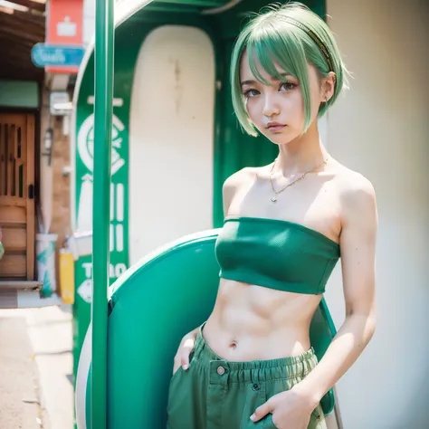 (((Tube Top)))、((small tits))、pale green hair、A slender、Shorthair、Bright general store、half-pants、1girl in、Bullish appearance