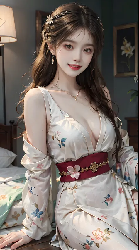 ((upper body)), ((Front Shooting)), ((realistic)), 1 Asian female model, A young girl, (Close up), (Being in the room, Sit Pose, Cross ed leg, Leaning against the dresser), Pleasing posture, Eye-catching poses, Detailed scenes, Coiled hair, Hairpins, Beaut...