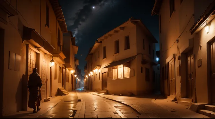 a man-latitude view of the ancient city of Timbuktu, street view, night hour. Vicoli, case con antichi portoni in legno. high contrast 4k hdr