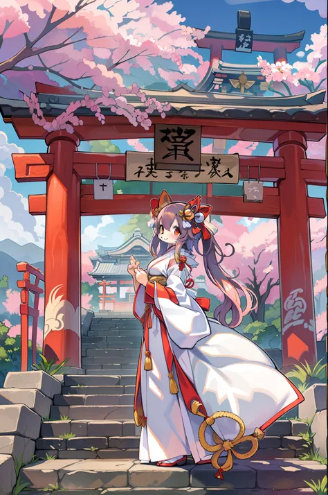 Fox Woman、body covered with fur、huge-breasted、kawaii、shrine maiden、Japan white clothes,Red Hakama、torii gate,summer day、From below、Wide Shot、Very Wide Shot、A big smile