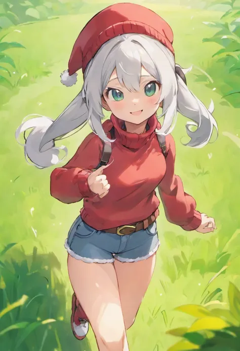 ​masterpiece, top-quality, Hi-Res, 1girl in, 独奏, grey  eyes, white  hair, White shorts, Red Cap Cap, Beanie, Red knitted turtleneck with long sleeves,poneyTail, Short shorts, a belt, cowboy  shot, Grassy, deph of field, The best smile, Have a Poké Ball, pu...