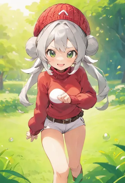 ​masterpiece, top-quality, Hi-Res, 1girl in, 独奏, grey  eyes, white  hair, White shorts, Red Cap Cap, Beanie, Red knitted turtleneck with long sleeves,poneyTail, Short shorts, a belt, cowboy  shot, Grassy, deph of field, The best smile, Have a Poké Ball, pu...