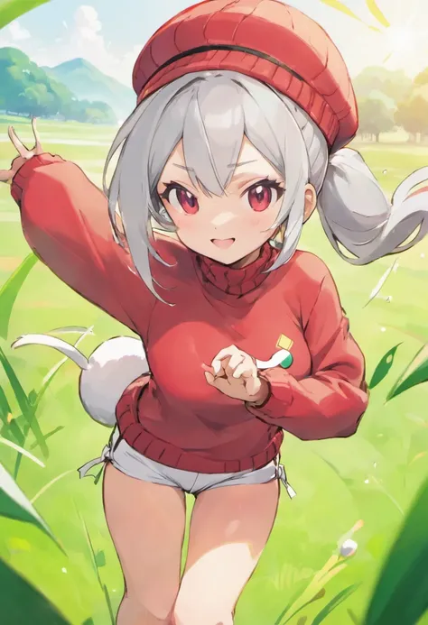 ​masterpiece, top-quality, Hi-Res, 1girl in,Scizor behind a girl, 独奏, grey  eyes, white  hair, White shorts, Red Cap Cap, Beanie, Red knitted turtleneck with long sleeves,poneyTail, Short shorts, a belt, cowboy  shot, Grassy, deph of field, The best smile,...