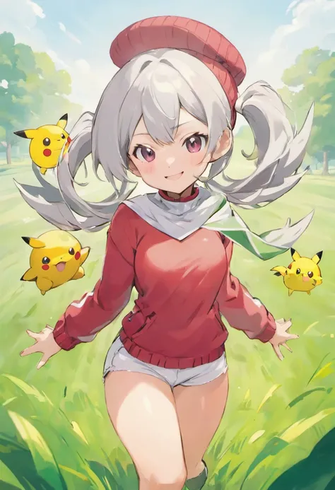 ​masterpiece, top-quality, Hi-Res, 1girl in,Scizor behind a girl, 独奏, grey  eyes, white  hair, White shorts, Red Cap Cap, Beanie, Red knitted turtleneck with long sleeves,poneyTail, Short shorts, a belt, cowboy  shot, Grassy, deph of field, The best smile,...