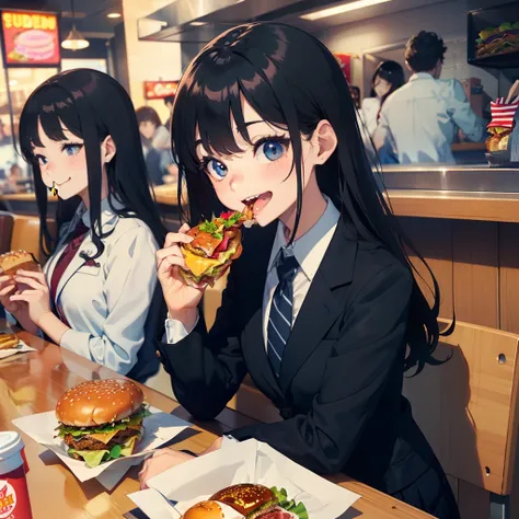 1 beauty, 18 high school girls, Watery Big Eyes，blazer and tie, (Happy smile)，long eyelasher, Blushlush，Black Perm Hair,At the table in a fast food restaurant, (Close your eyes, Smile and open your mouth wide), ((Gnawing on a grabbed hamburger with both ha...