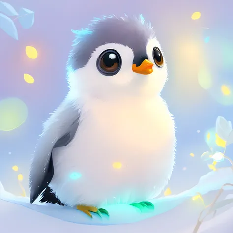 There is a small penguin sitting on a branch in the snow, Adorable Digital Painting, cute detailed digital art, Cute digital art, adorable glowing creature, Penguins 0, Anthropomorphic penguins, cute 3d render, glowing lights! Digital Painting, beautiful d...