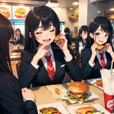 1 beauty, 18 high school girls, Watery Big Eyes，blazer and tie, (Happy smile)，long eyelasher, Blushlush，Black Perm Hair,At the table in a fast food restaurant, (Close your eyes, Smile and open your mouth wide), ((Gnawing on a grabbed hamburger with both ha...