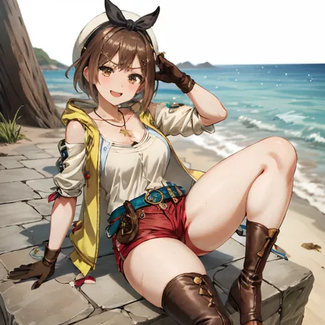 liza, 1girl in, solo, shorts, gloves, belt bag, hat, head ribbon, jewelry, red shorts, brown hair, thighs thighs thighs thighs, ...