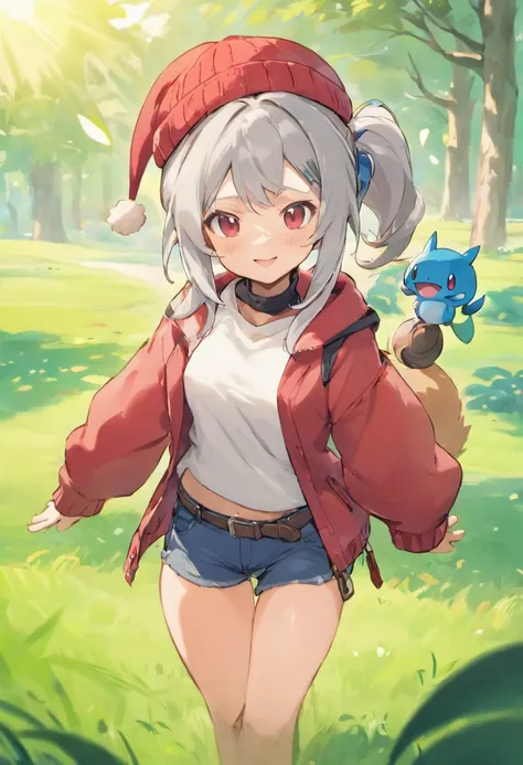 ​masterpiece, top-quality, Hi-Res, 1girl in,Schisol behind the girl, 独奏,Holding a monster pole in your hand, grey  eyes, white  hair, Red Cap, Beanie, Red knitted turtleneck with long sleeves,poneyTail, Short shorts, a belt, cowboy  shot, Grassy, deph of f...