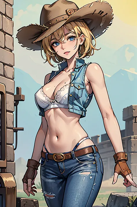 1girl, cowboy hat, white bra, green vest, no sleeve, navel, blue jeans, brown boots, fingerless gloves, short hair, blonde hair, parted bangs, blue eyes, mole under right eye, american old west, best quality, masterpiece