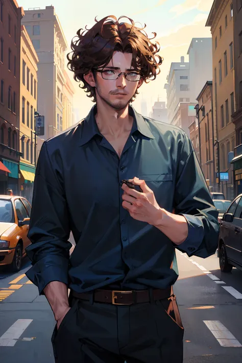 22 year old man, short hair, brown hair, prescription glasses, dark brown eyes, curly hair, dark blue shirt, dark blue wide pants,close image,face image,face close,((masterpiece)), ((high definition)),((4K))