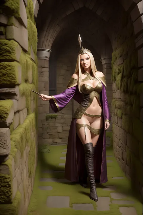 full body shot, 1girl, fantasy sorceress, mage robe, leg slit, blonde, legs, mossy stone walls in background,