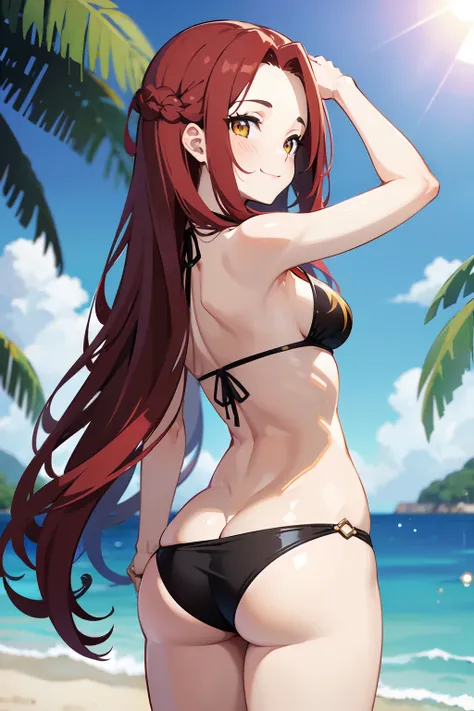 best quality, masterpiece, 1woman, mature girl, solo, long hair, big hair, (forehead), scarlet red hair, yellow eyes, medium breasts, swimsuit, bikini, (black bikini:1.11), nsfw, navel, thights, portrait, looking at viewer, standing, excited, (looking over...