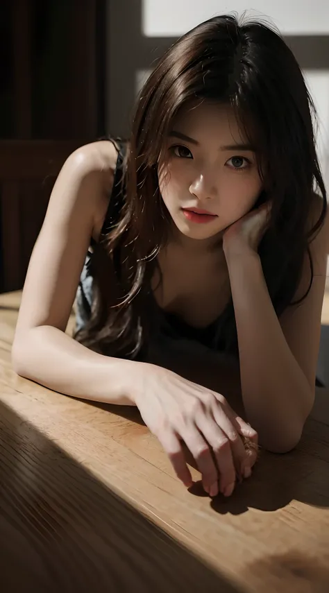 best qualtiy， tmasterpiece， 超高分辨率， （realisticlying：1.5）， RAW photogr， 1girll， facing at camera，Lie on the table， in the darkness nigth， deep shading， low tune， cold light， Sexy look， messy shortt hair