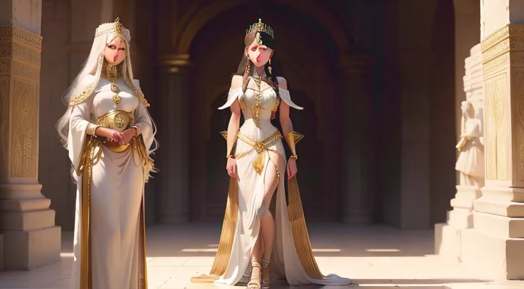 A young Babylonian girl, around 18, with long flowing hair, wearing a simple white dress, looking at Enheduanna (A regal woman in her 30s, wearing a royal priestess attire, with gold jewelry and a tiara) with admiration.