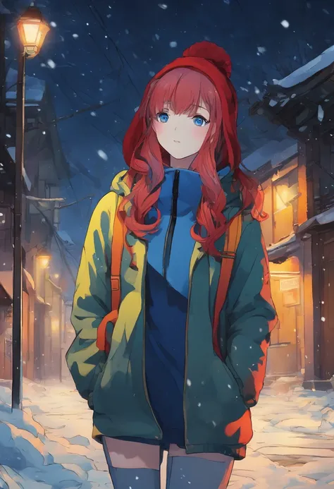 4k master piece, high detail, night time, dark, exterior of a red haired girl with blue eyes, wearing a dark blue sweater and beanie, with black tights and wearing a yellow backpack, walking through an empty snowy village at night, dark, scary, foggy and s...