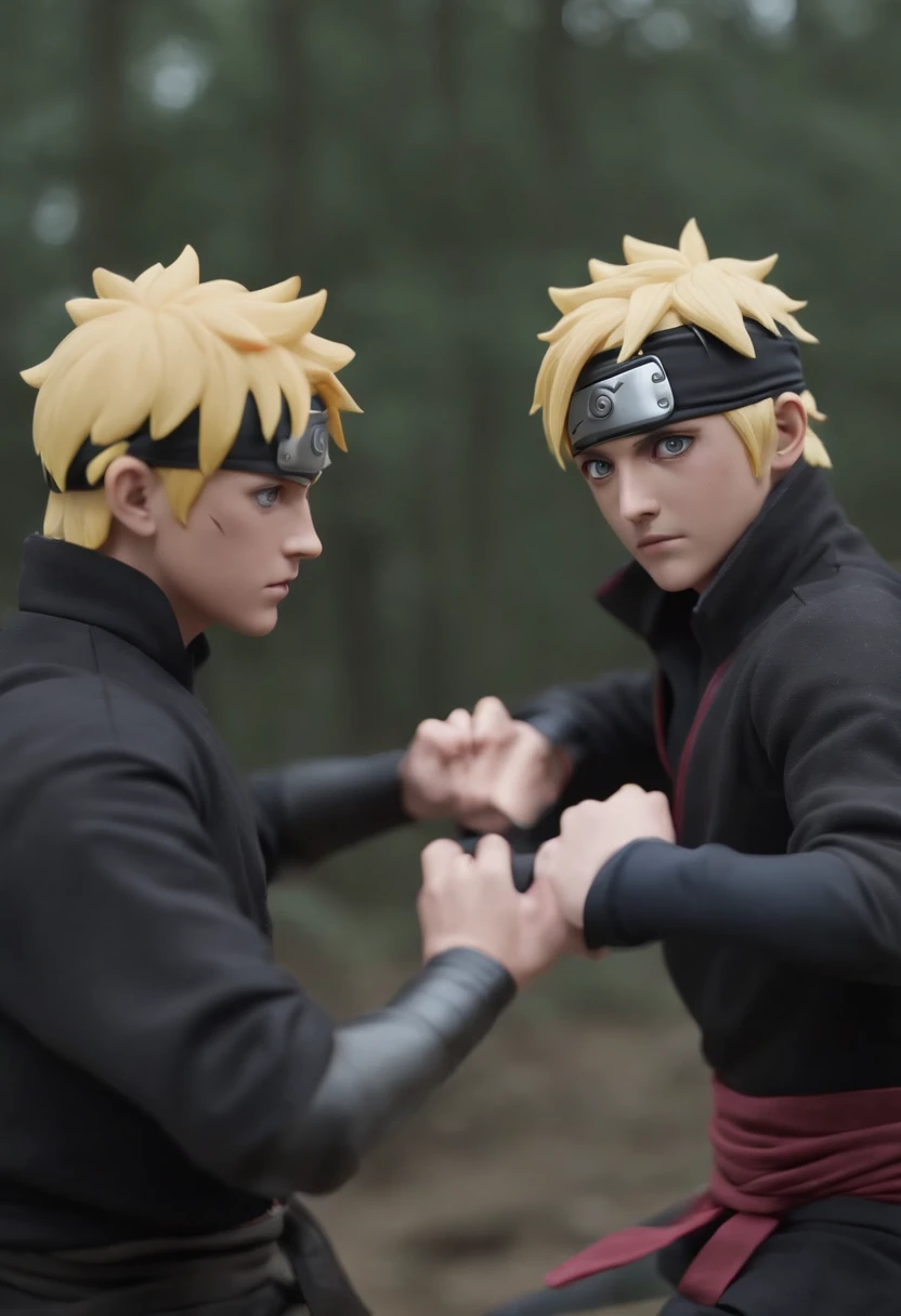 boruto uzumaki on his full power fighting with minato namikaze full power while they are both having a rasengan in the hand in a black pitch