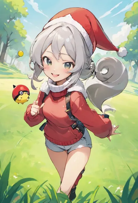 Hi-Res, 1womanl, 独奏,Holding a Monster Pole in Your Hands, grey  eyes, white  hair, red headwear, Beanie, Red knitted turtleneck with long sleeves,poneyTail, Short shorts, a belt, cowboy  shot, Grassy, deph of field, The best smile, Have a Poké Ball, put ha...