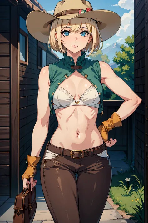 1girl, cowboy hat, white bra, green vest, no sleeve, navel, blue jeans, brown boots, fingerless gloves, short hair, blonde hair, parted bangs, blue eyes, mole under eye, american old west, best quality, masterpiece