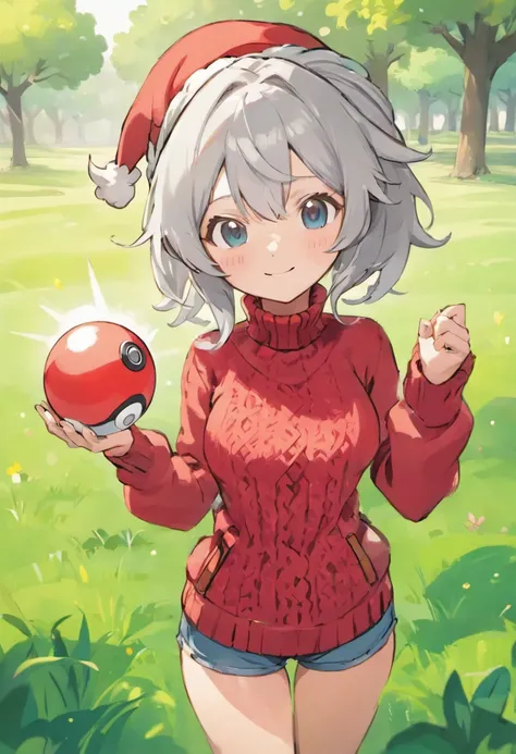 Hi-Res, 1womanl, 独奏,Holding the Poké Ball in your hand, grey  eyes, white  hair, Red Cap, Red knitted turtleneck with long sleeves,poneyTail, Short shorts, a belt, cowboy  shot, Grassy, deph of field, The best smile, Have a Poké Ball, put hands on the hip