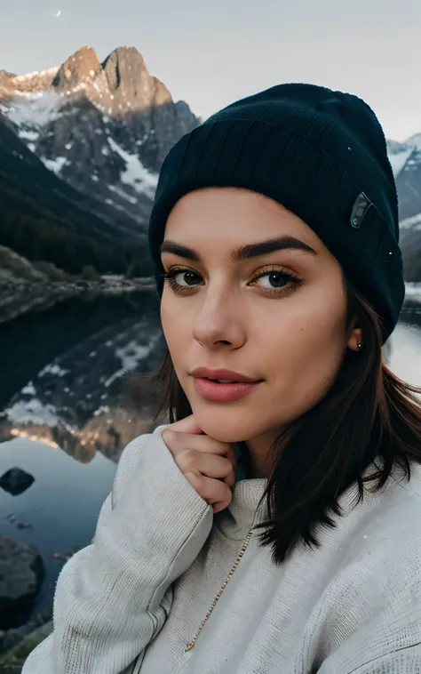 photorealistic, best quality, hyper detailed, beautiful woman, selfie photo, upper body, solo, wearing pullover, outdoors, (night), mountains, real life nature, stars, moon, (cheerful, happy), sleeping bag, gloves, sweater, beanie, flashlight, forest, rock...