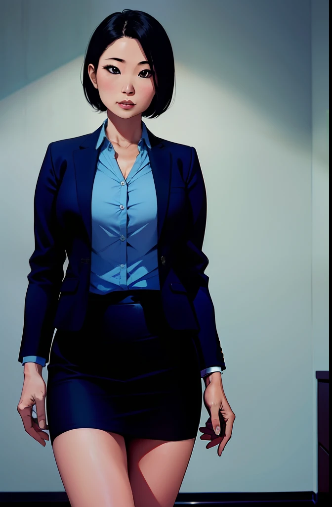 40 year old asian woman, short black hair, wearing a blue office jacket, blue office skirt, no background,