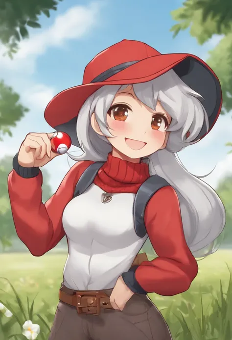 Hi-Res, 1womanl, 独奏,Holding the Poké Ball in your hand, grey  eyes, white  hair, Red Cap, Red knitted turtleneck with long sleeves,poneyTail, Short shorts, a belt, cowboy  shot, Grassy, deph of field, The best smile, Have a Poké Ball, put hands on the hip