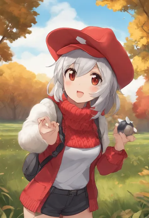 Hi-Res, 1womanl, 独奏,Holding the Poké Ball in your hand, grey  eyes, white  hair, Red Cap, Red knitted turtleneck with long sleeves,poneyTail, Short shorts, a belt, cowboy  shot, Grassy, deph of field, The best smile, Have a Poké Ball, put hands on the hip