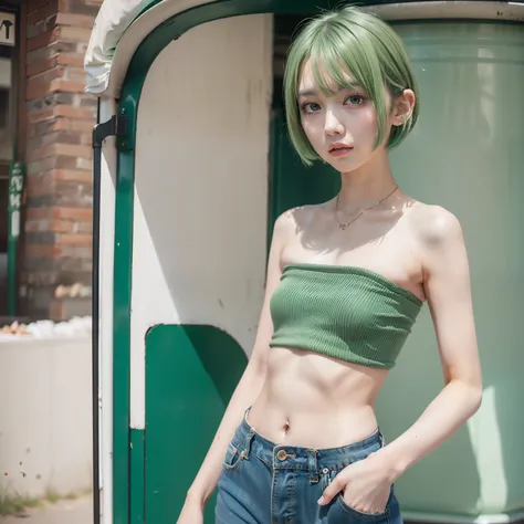 (((Tube Top)))、((small tits))、(pale green hair)、A slender、Shorthair、Bright general store、half-pants、1girl in、Bullish look、hightquality、kawaii、Young features