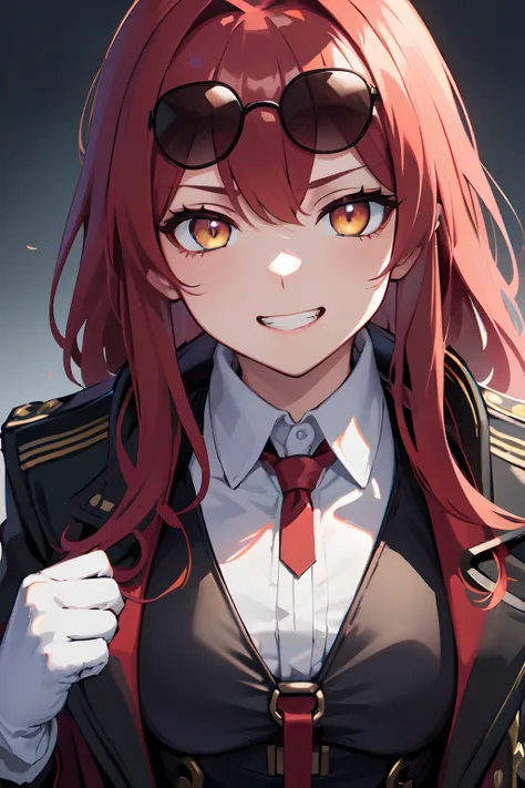 chromatic aberration, 1girl, young woman, solo, long hair, big hair, (forehead:1.13), (round sunglasses:1.2), yellow eyes, (scarlet red hair), medium breasts, grin, (overcoat, black coat, open coat:1.2), white shirt, collared shirt, (chest harness, shoulde...