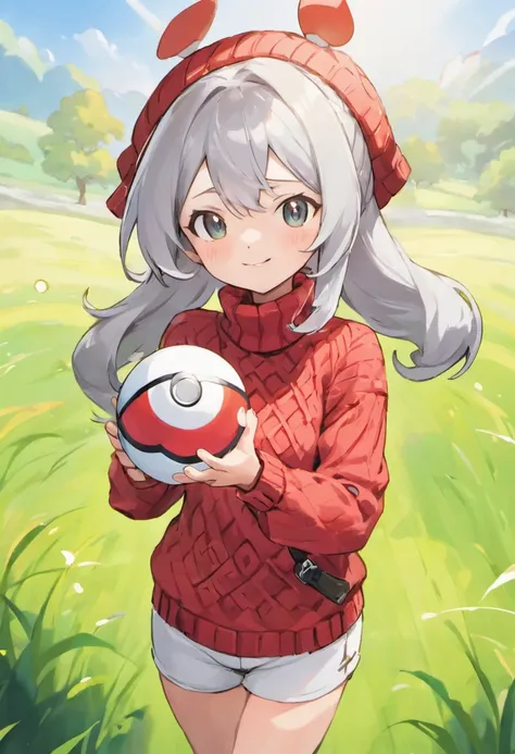 Hi-Res, 1womanl, 独奏,Holding the Poké Ball in your hand, grey  eyes, white  hair, Red Cap, Red knitted turtleneck with long sleeves,poneyTail, White shorts, a belt, cowboy  shot, Grassy, deph of field, The best smile, Have a Poké Ball, put hands on the hip