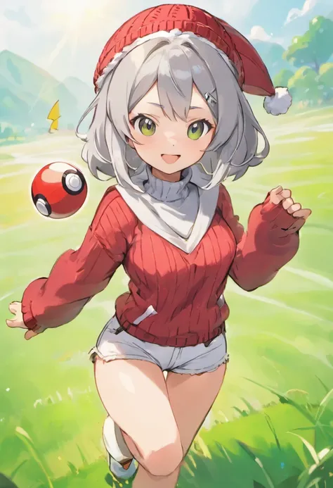 Hi-Res, 1womanl, 独奏,Holding the Poké Ball in your hand, grey  eyes, white  hair, Red Cap, Red knitted turtleneck with long sleeves,poneyTail, White shorts, a belt, cowboy  shot, Grassy, deph of field, The best smile, Have a Poké Ball, put hands on the hip