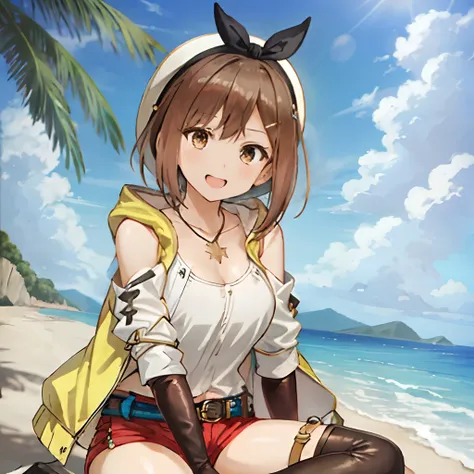 liza, 1girl in, solo, shorts, gloves, belt bag, hat, head ribbon, jewelry, red shorts, brown hair, thighs thighs thighs thighs, ...