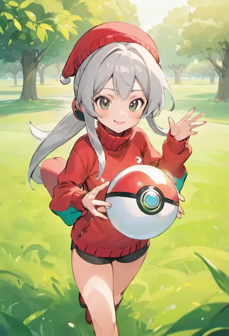 Hi-Res, 1womanl, 独奏,Holding a Poké Ball in Your Hands, grey  eyes, white  hair, Red Cap Hat, Red knitted turtleneck with long sleeves,poneyTail, White shorts, a belt,  Grassy, deph of field, The best smile, Have a Poké Ball, put hands on the hip