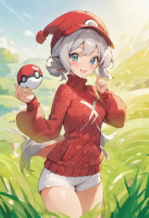 Hi-Res, 1womanl, 独奏,Holding a Poké Ball in Your Hands, grey  eyes, white  hair, Red Cap Hat, Red knitted turtleneck with long sleeves,poneyTail, White shorts, a belt,  Grassy, deph of field, The best smile, Have a Poké Ball, put hands on the hip