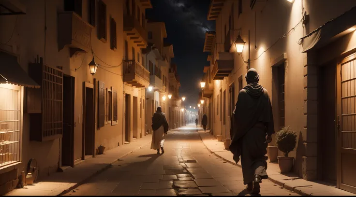 a man-latitude view of the ancient city of Timbuktu, street view, night hour. blulights Vicoli, case con antichi portoni in legno. high contrast 4k hdr