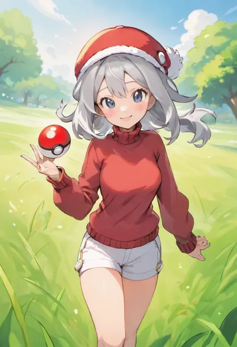 Hi-Res, 1womanl, 独奏,Holding a Poké Ball in Your Hands, grey  eyes, white  hair, Red Cap Hat, Red knitted turtleneck with long sleeves, White shorts, a belt,  Grassy, deph of field, The best smile, Have a Poké Ball, put hands on the hip