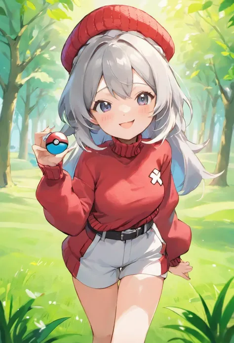 Hi-Res, 1womanl, 独奏,Holding a Poké Ball in Your Hands, grey  eyes, white  hair, Red Cap Hat, Red knitted turtleneck with long sleeves, White shorts, a belt,  Grassy, deph of field, The best smile, Have a Poké Ball, put hands on the hip