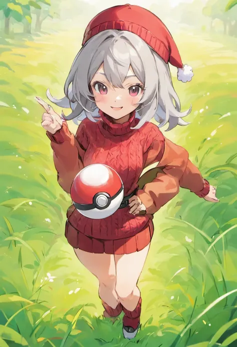 Hi-Res, 1womanl, 独奏,Holding a Poké Ball in Your Hands, grey  eyes, white  hair, Red Cap Hat, Red knitted turtleneck with long sleeves, White shorts, a belt,  Grassy, deph of field, The best smile, Have a Poké Ball, put hands on the hip