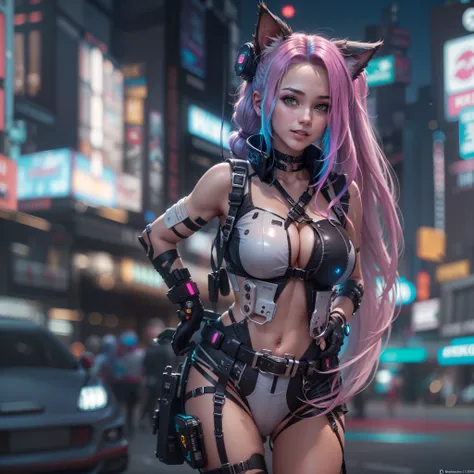 (RAW photo, best quality, masterpiece:1.2), (realistic, photo-realistic:1.4),(masterpiece:1.4),(best quality:1.4), ((sexy cyberpunk catgirl)), big breasts, :d, (bangs), blush, ((colorful body harness)), ((dynamic pose)), cowboy shot, (((cyberpunk city stre...