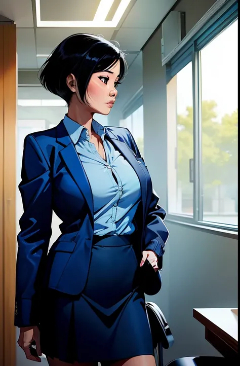 40 year old asian woman, short black hair, wearing a blue office jacket, blue office skirt, no background,