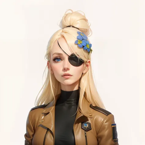 Woman, Adult (26 years), European, Extremaly detailed, Pretty,Round chin, Delicate nose, brown aviator jacket, Black Shirt, Forget-me-nots in her hair, Blue eyes, long hair, eyepatch: 1.4, make up, Realistic, 4k, High-quality, High resolution