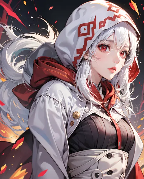 ultra HD, Manhwa Girl,Oval face, small, straight nose
Visible bone cheeks
Medium seized rosy lips
Big, almond shaped, Red eyes
Long, silky, white hair with long bang, slim hourglass shape of body, red eyes, hooded coat --auto --s2