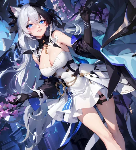 Anime girl with white hair and black gloves,  Detailed key anime art, trending on artstation pixiv, Black and white hair,Best anime 4k konachan wallpaper, arknight, Black Cat Maiden,White Cat Girl, cute anime waifu in a nice dress