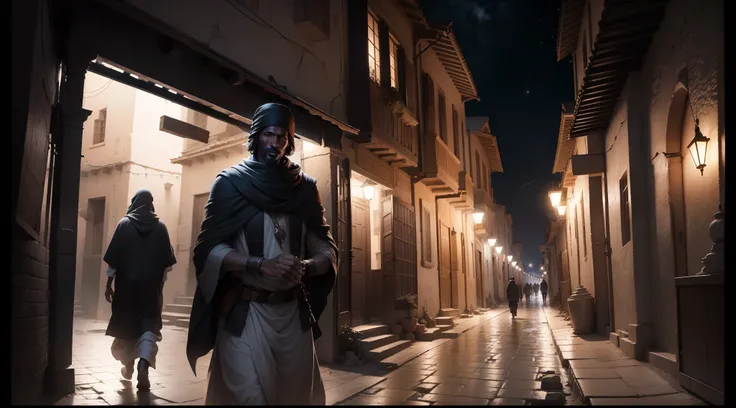 a man-latitude view of the ancient city of Timbuktu, street view, night hour. blulights Vicoli, case con antichi portoni in legno. high contrast 4k hdr