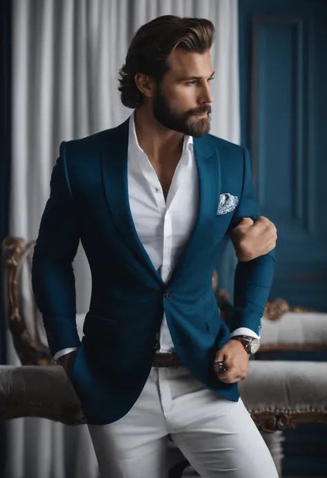 (Homem com roupa elegante), ), (usando barba longa e cheia,) (olhos azuis) (retrato) Attractive and serious look, Cabelos castanhos escuros, Elegante e elegante, e camiseta de corpo forte, Homem parecido com o ator Jamie Dornan, (imagem realista e de alta ...